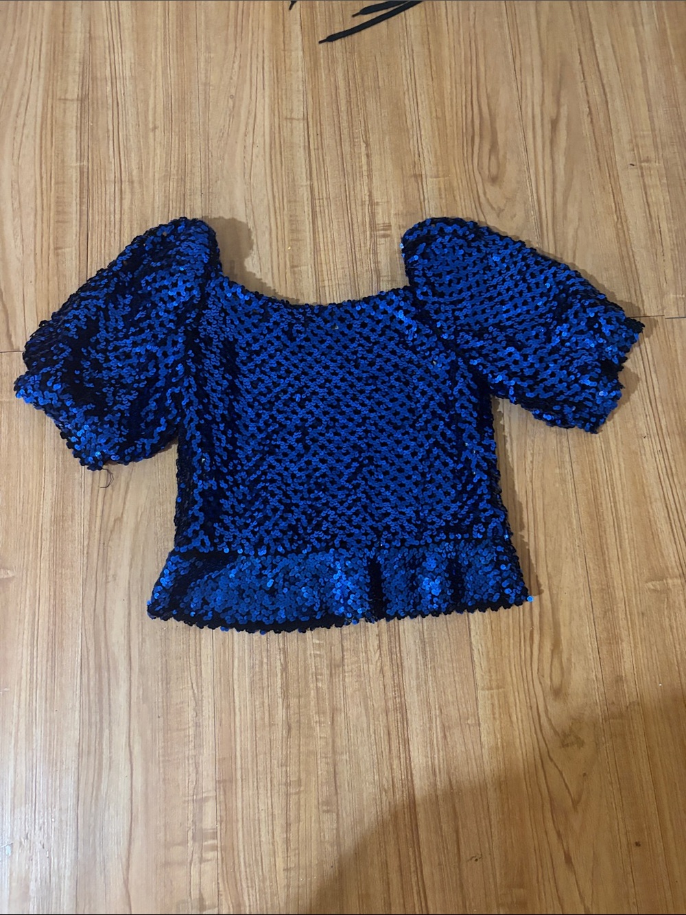 Vintage Blue Sequin Puff Sleeve Crop Top